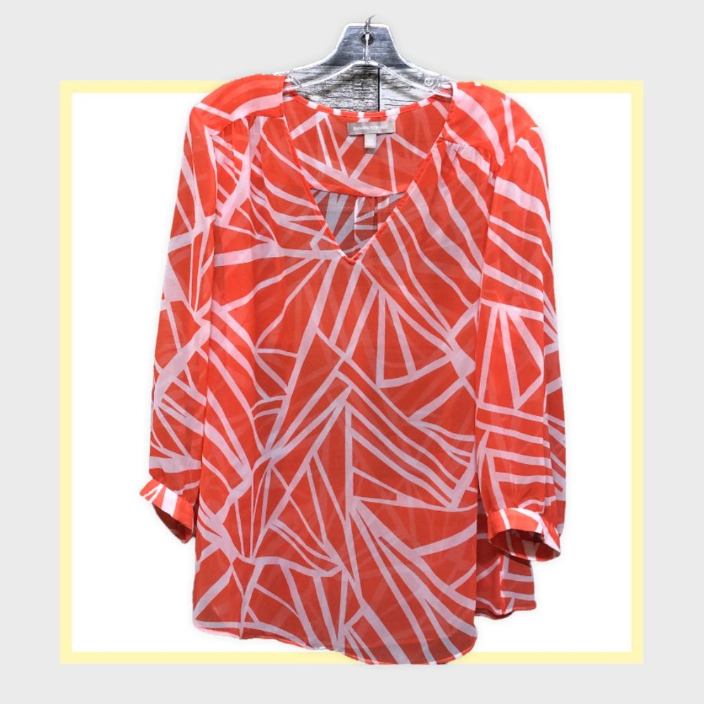 Banana Republic Women's Semi Sheer Blouse Orange White Print Size L